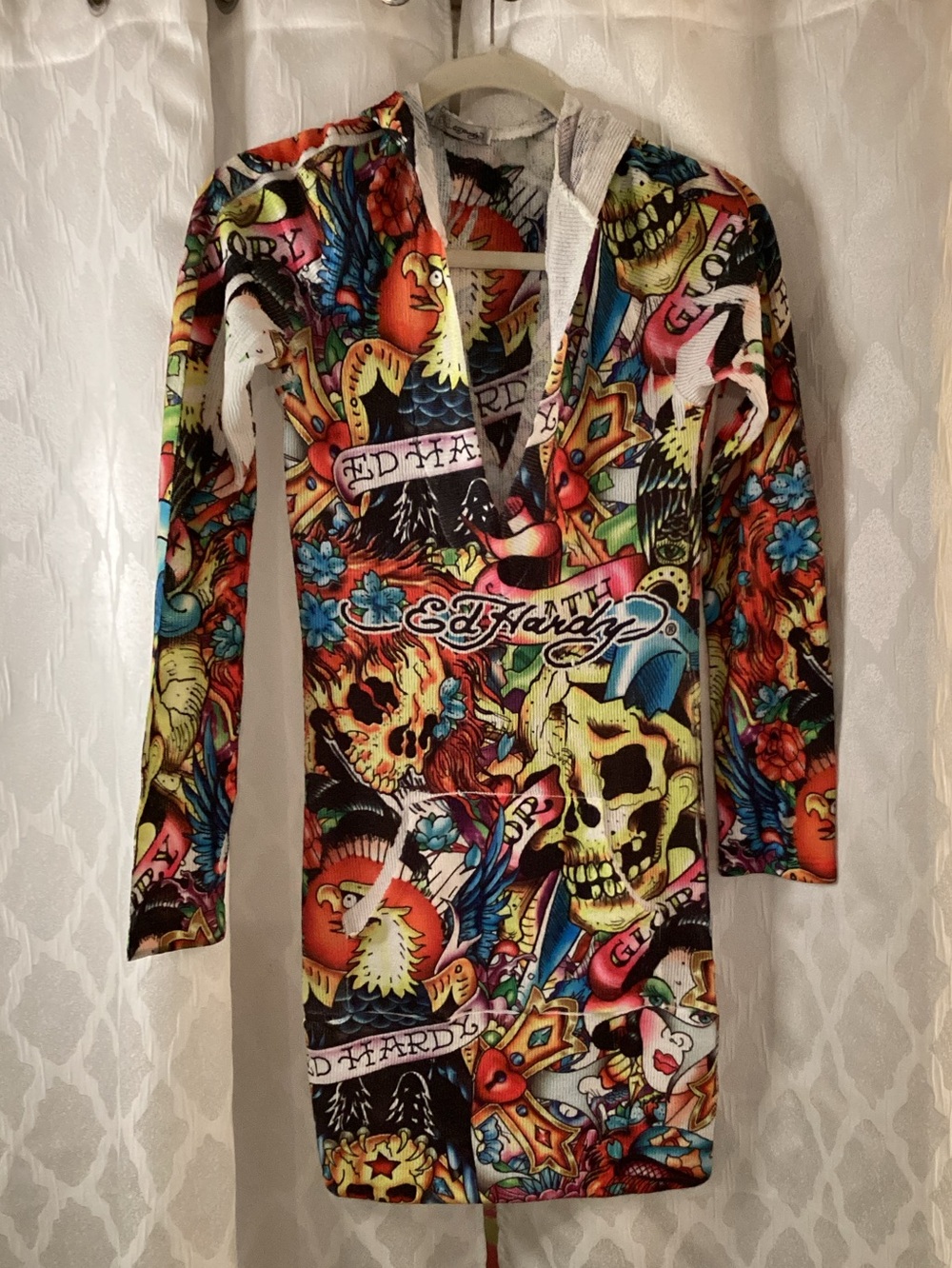 Ed Hardy Knit Hoodie Dress with Black, Red and Green Tattoo Motif NWOT
